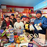 Anne, Wanghail, Lesley, Gurinder and Tsewang getting rations for the journey to Ulley