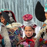 Women in traditional ceremonial attire waiting to greet the Rinpoche at Leh Airport